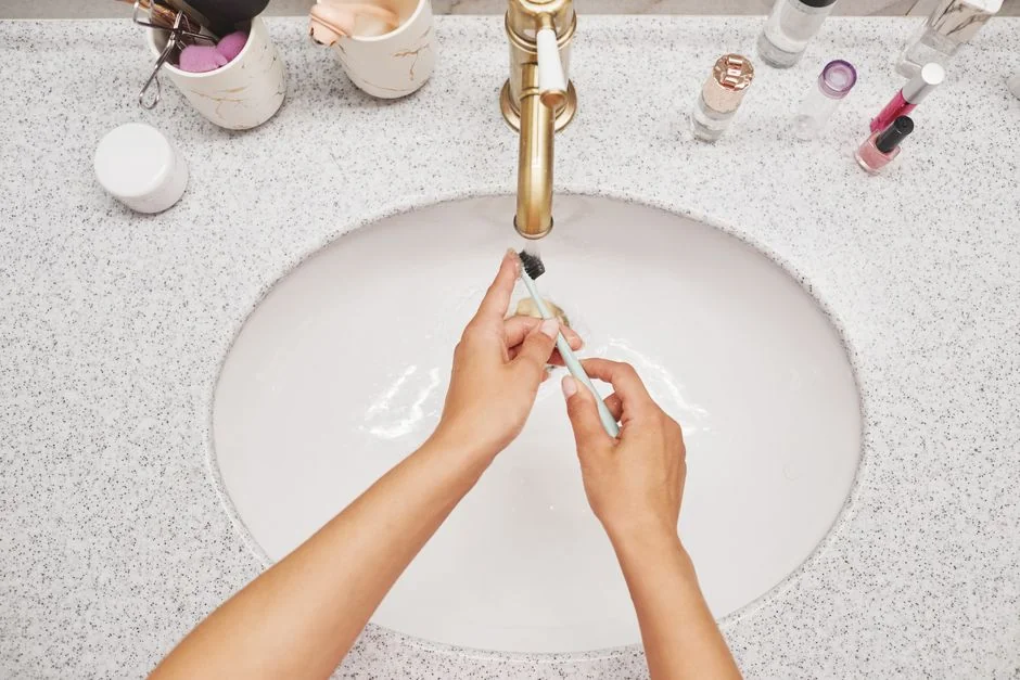 services-02 A person sanitizing a bathroom sink with a spray bottle, ensuring hygiene.